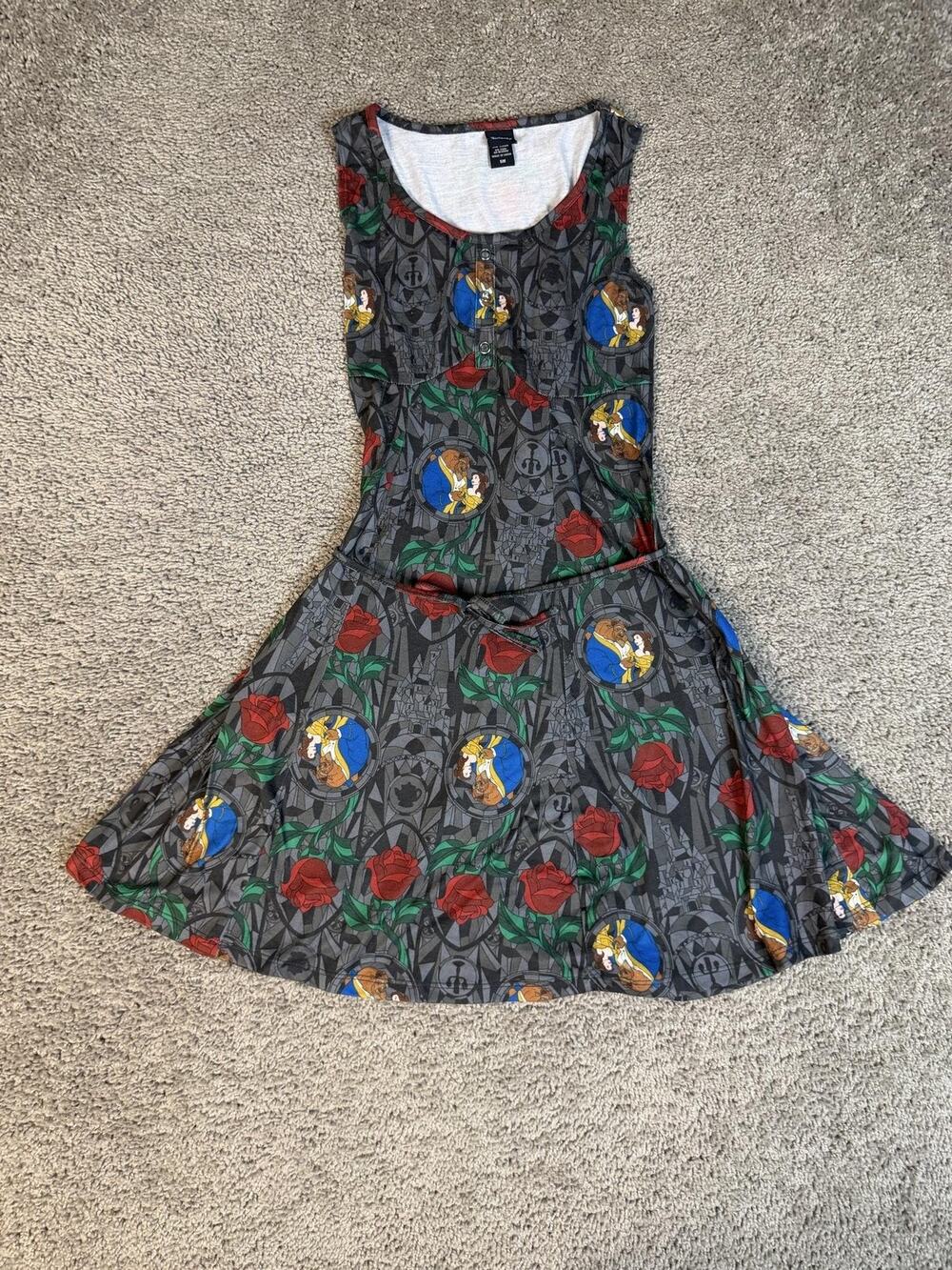 Disney Dress Womens S Gray Fit & Flare Tank Beauty And The Beast Floral Tie